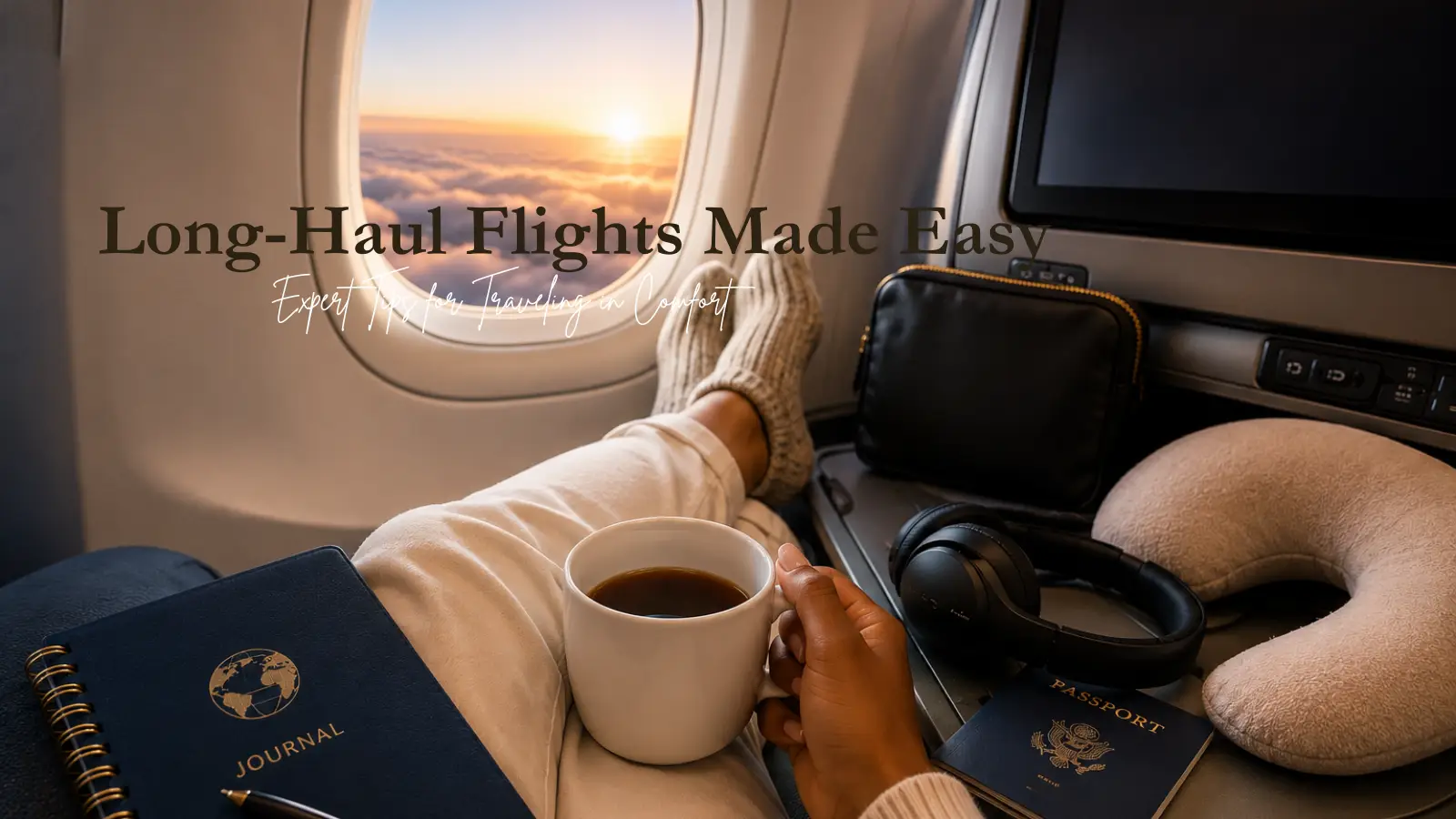 Comfortable long-haul flight scene with travel essentials, passport, headphones, neck pillow, journal, and sunset view from airplane window.