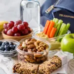 Healthy travel snacks including fresh fruit, mixed nuts, granola bars, vegetable sticks, hummus, and water beside a passport and travel bag.