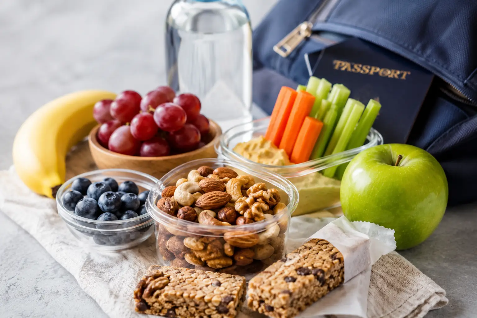 Healthy travel snacks including fresh fruit, mixed nuts, granola bars, vegetable sticks, hummus, and water beside a passport and travel bag.