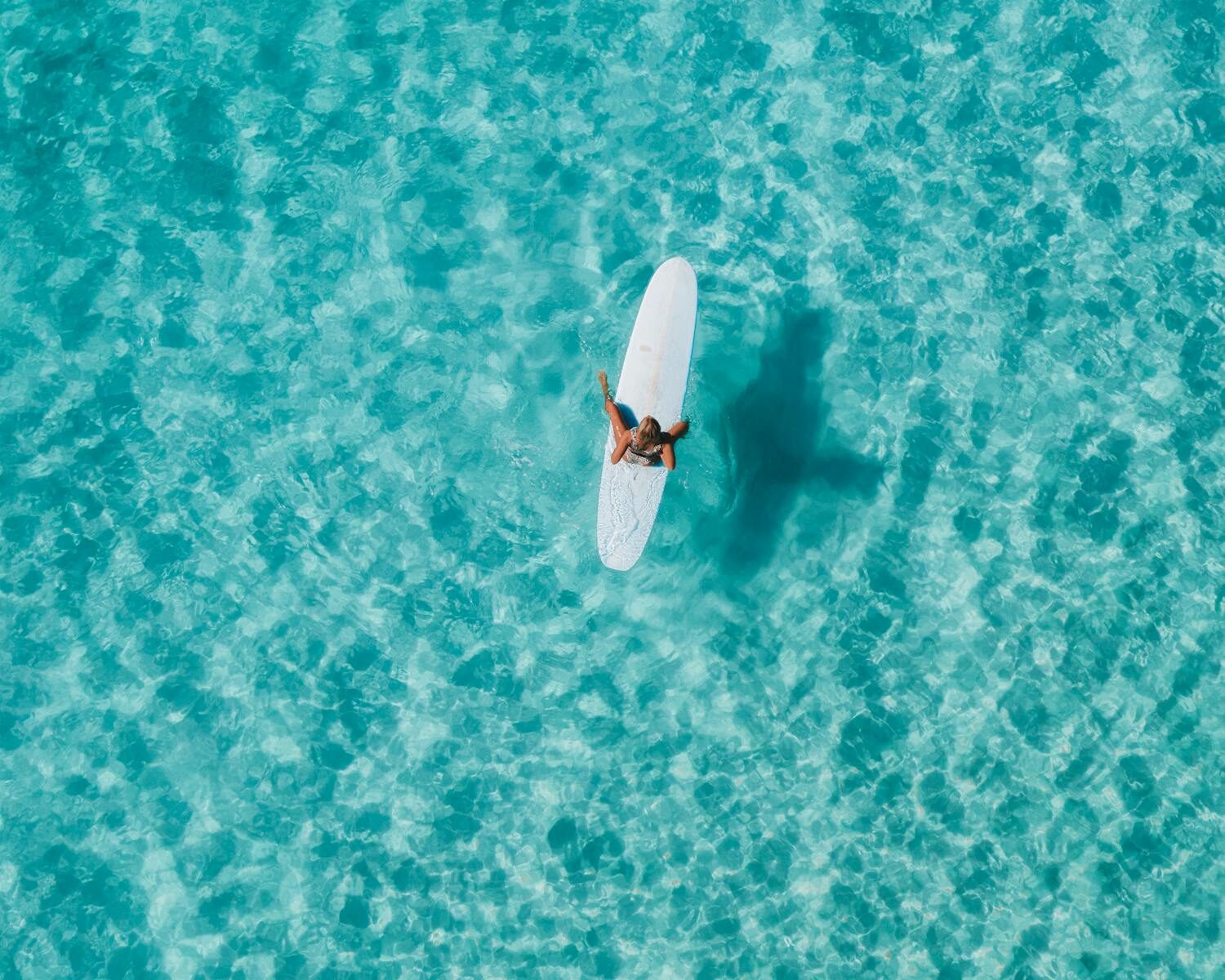 Top view of a woman on a surfboard in clear turquoise waters, enjoying leisure time.