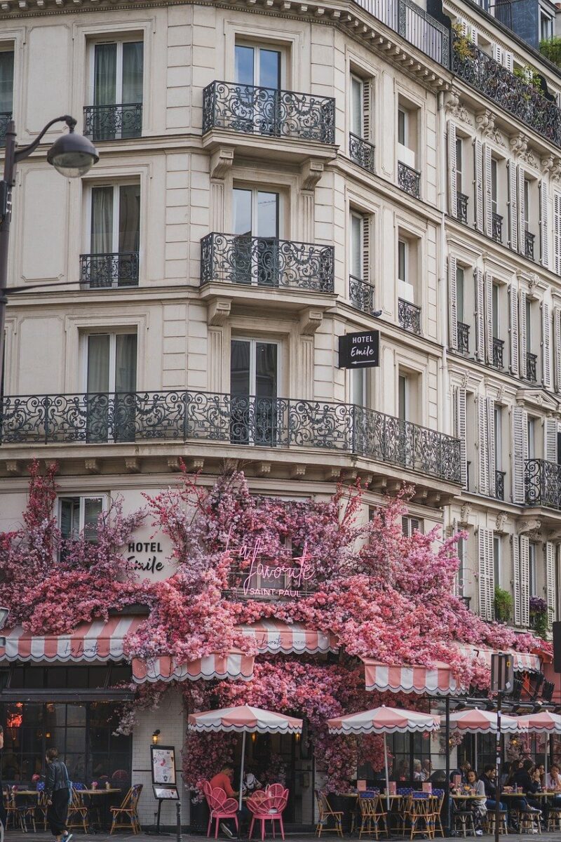 facade, building, architecture, balconies, outdoor, urban, house, city, coffee shop, cityscape, paris
