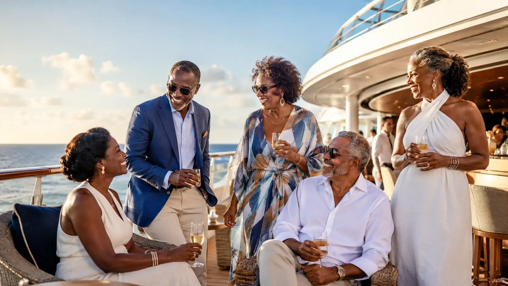Luxury group cruises for adults 40+ enjoying an elegant ocean-view cruise deck