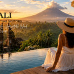 Luxury Bali travel guide for first-time visitors featuring an infinity pool, tropical valley, temple gates, and Mount Agung at sunset.