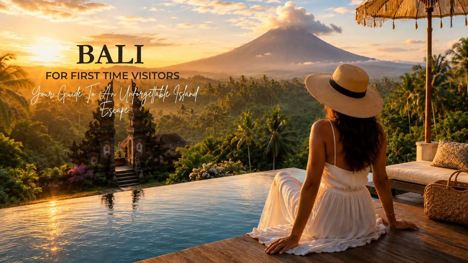 Luxury Bali travel guide for first-time visitors featuring an infinity pool, tropical valley, temple gates, and Mount Agung at sunset.