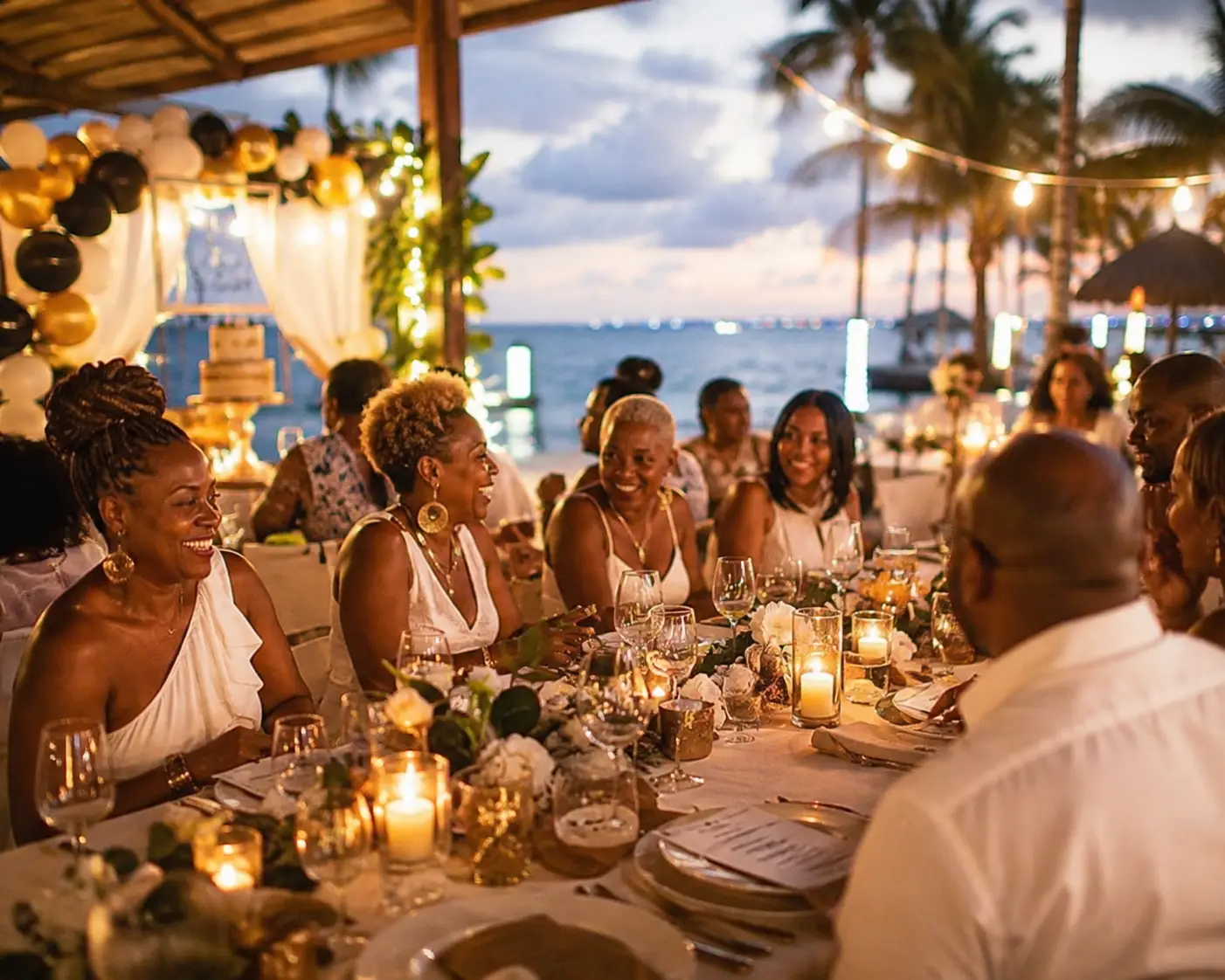 Destination Parties services by McXotic Tours featuring an elegant beachfront dinner celebration with beautifully dressed guests, candlelit tables, and tropical party décor.