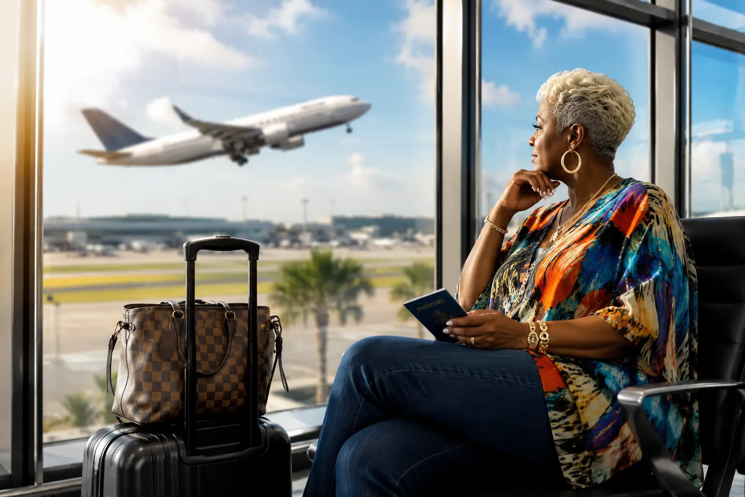 International Flight Booking services by McXotic Tours featuring a stylish Black traveler at the airport with luggage and passport watching a plane depart.