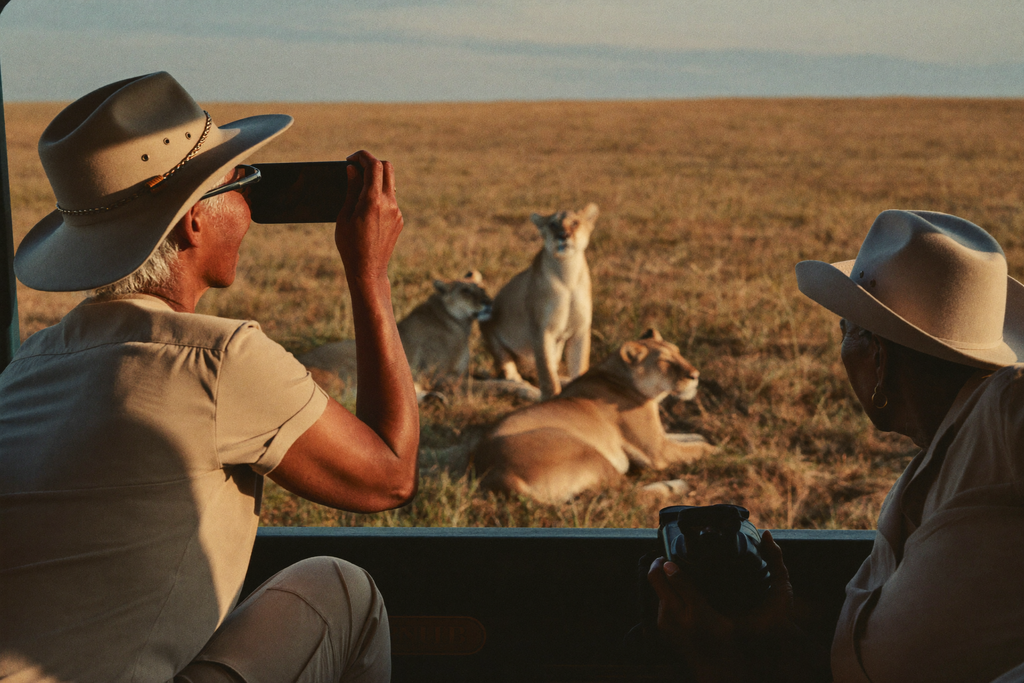 Two women in wide-brim hats leaning from an open safari vehicle in genuine awe as a pride of lions rests in golden grass just a few meters away