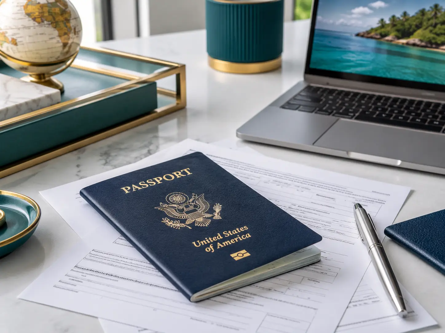 Passport Renewal services by McXotic Tours featuring a United States passport placed on renewal documents beside a pen and laptop.