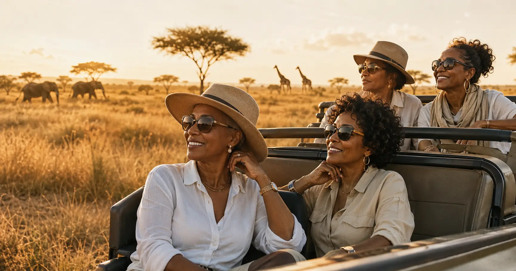 Elegant group of Black women over 40 enjoying a luxury safari game drive in Africa at sunset with elephants and giraffes in the background