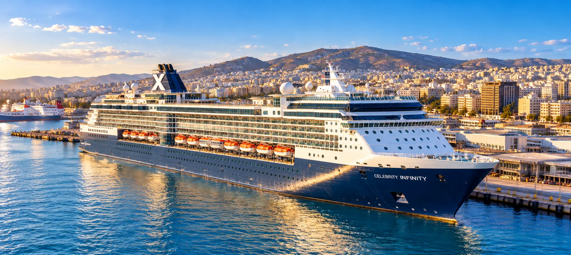 Generated image of Celebrity Infinity docked in Piraeus, Greece, with blue harbor waters and a sunlit city backdrop.